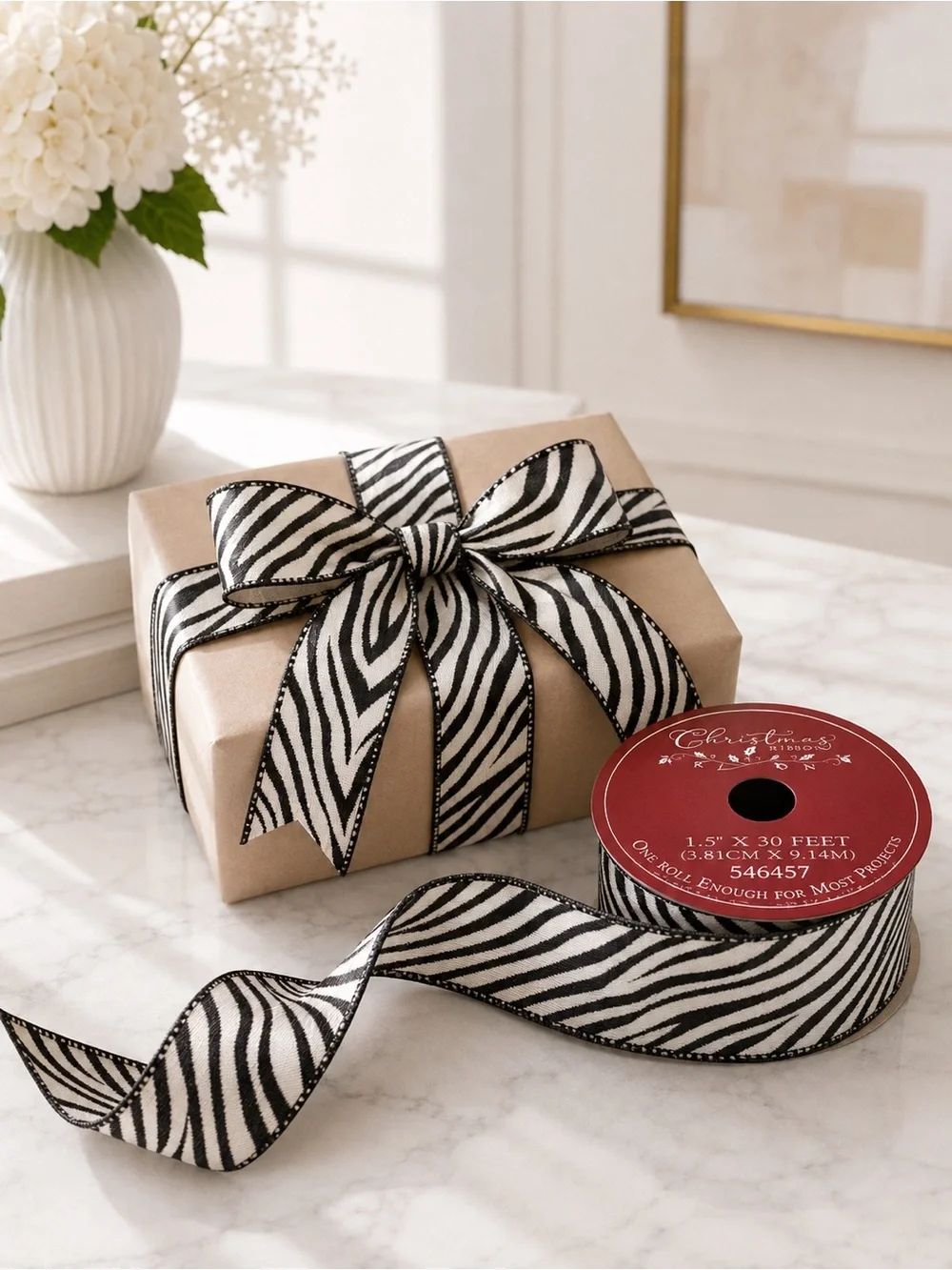 Hobby Lobby Leopard Print Wired Edge Ribbon Set 3 Back White Gift Wrap Craft NWT